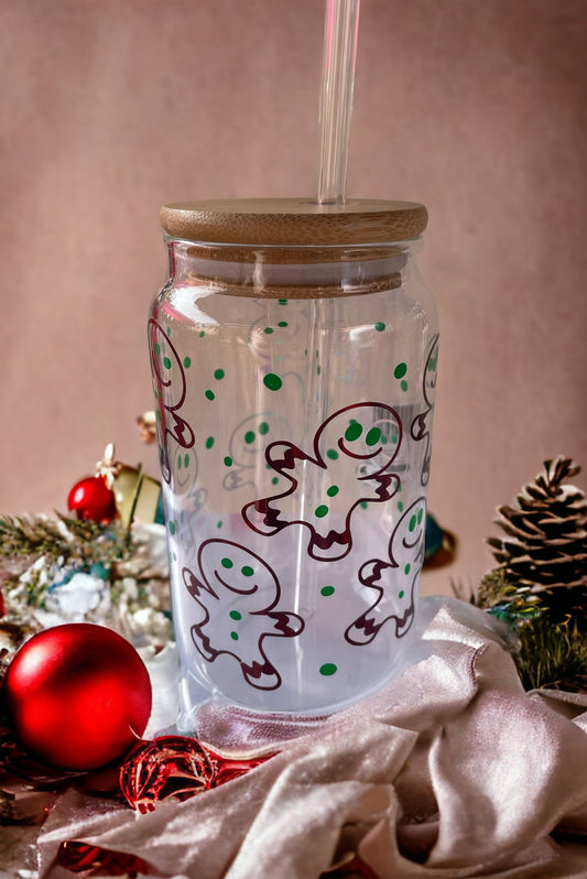 Gingerbread Man 16oz Glass with bamboo lid and glass straw / Christmas glass / festive glass / gift / Christmas stocking filler