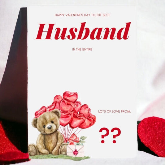 Valentine's Day card for husband with teddy bear and balloons on a white background